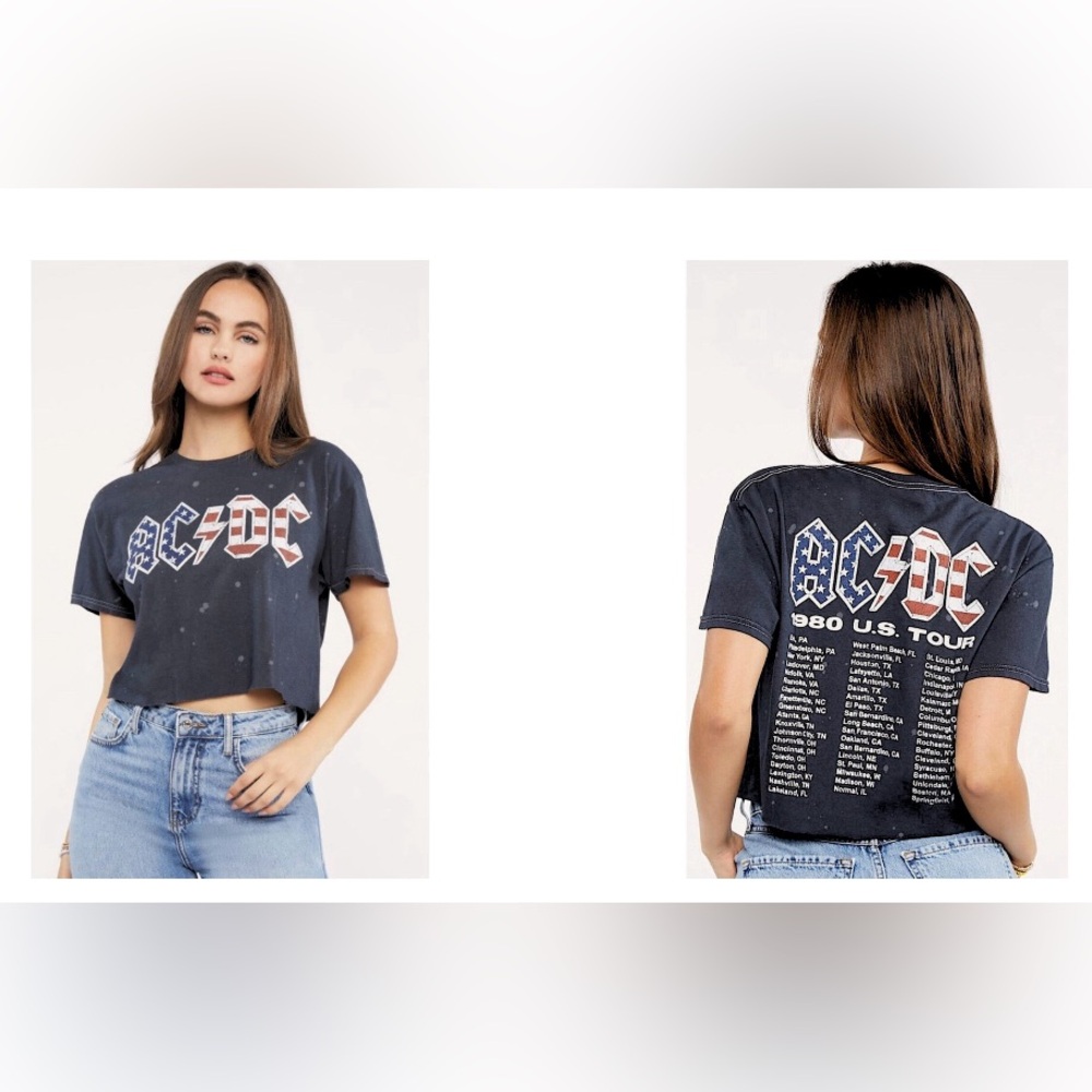 AC/DC Distressed 1980 World Tour Raw Hem cropped T-shirt Tee size Large NWOT
